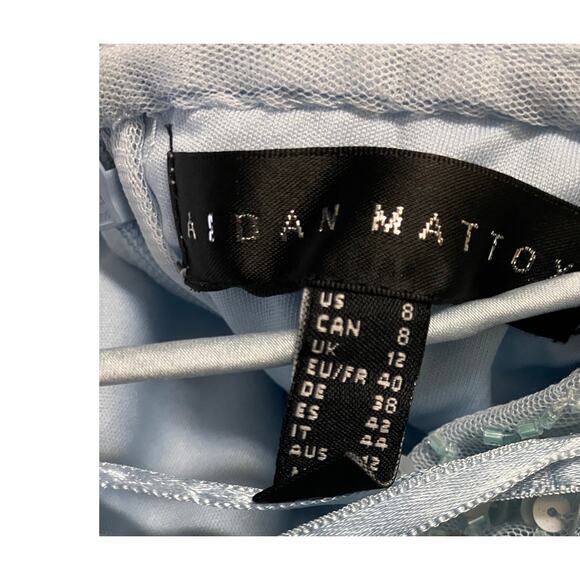 Aidan Mattox Beaded Off Shoulder Halter Gown Silver Blue Size 8 Hemmed - Picture 4 of 13